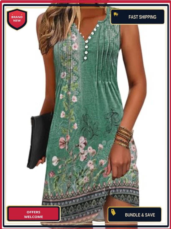 Dresses & Skirts - Sleeveless V-Neck Boho Floral Swing Dress with Pockets